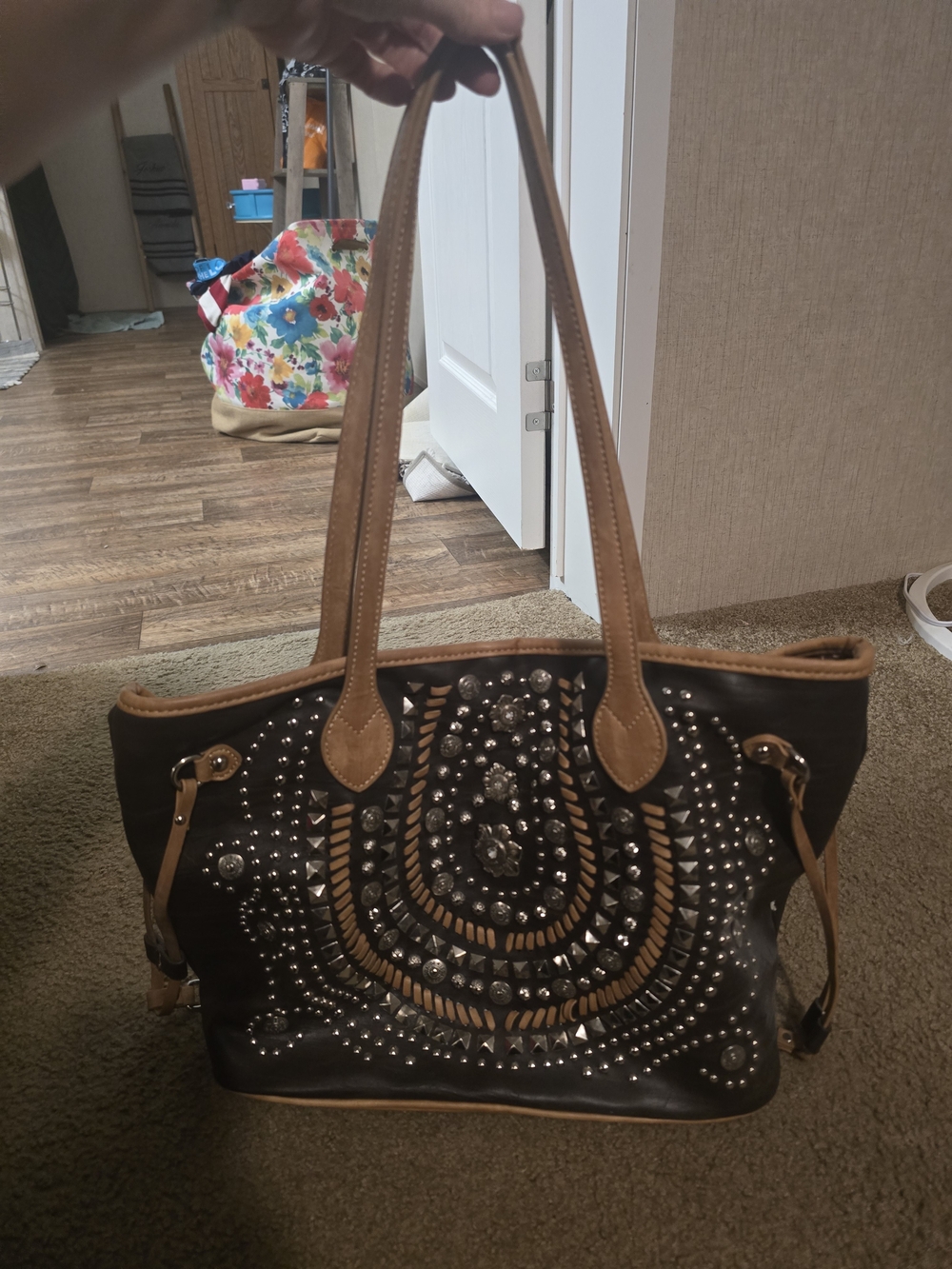 Shyanne Studded Black Tote with Tan Trim - Fashionable Women's Shoulder Bag
